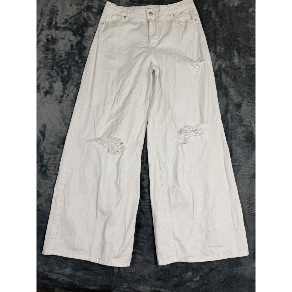 Almost Famous Womens Distressed Wide Leg Jeans Size 13 White Denim